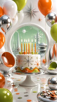 a birthday cake with lit candles surrounded by balloons and confetti, festive vertical composition, no text