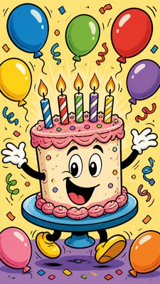 a birthday cake with lit candles surrounded by balloons and confetti, festive vertical composition, no text