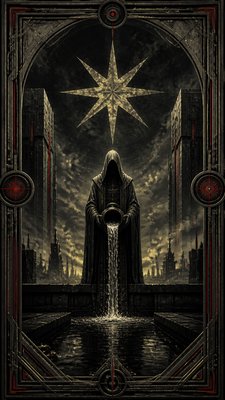 a robed figure pouring water beneath a large eight-pointed star in a night sky, symmetrical composition with an ornate decorative border, no text