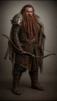 full-body original character: a dwarven ranger with a braided auburn beard, worn leather armor, a longbow and a wolf-pelt cloak, neutral background, no text