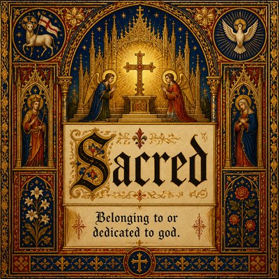 Please create a flashcard for the spelling word: "sacred" and it's definition: "Belonging to or dedicated to god."
