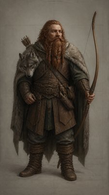 full-body original character: a dwarven ranger with a braided auburn beard, worn leather armor, a longbow and a wolf-pelt cloak, neutral background, no text