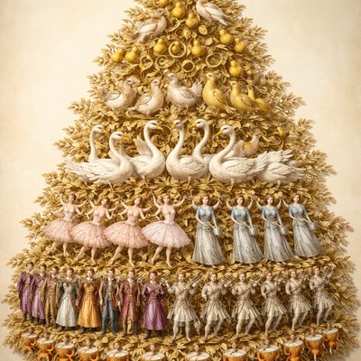Create an elegant Christmas tree from a gold leaf pear tree with a partridge on the top, yellow pears, 2 turtledoves, 3 french hens 4 calling birds which are canaries, 5 golden rings,6 geese, 7 swans, 8 pink ballerinas, 8 maids with blue dresses and milk pails, 9 Lords in purple, 10 Pipers in grey,  12 drummers in orange. No green or red colors