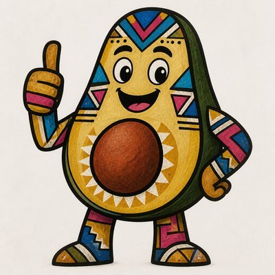 a happy avocado character giving a thumbs up, bold readable design on a plain background, no text