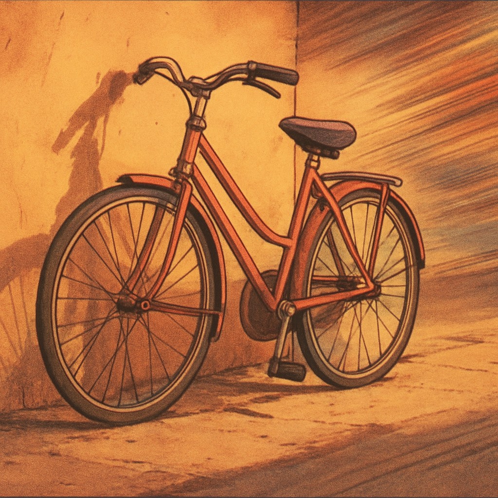 bicyle resting against a wall