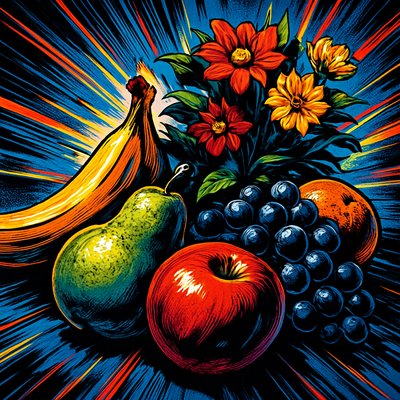 still life arrangement of fruits and flowers