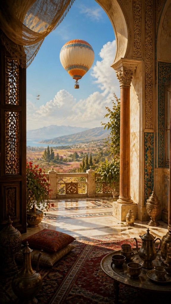 a hot air balloon drifting over rolling flower fields on a sunny day, cheerful, no text