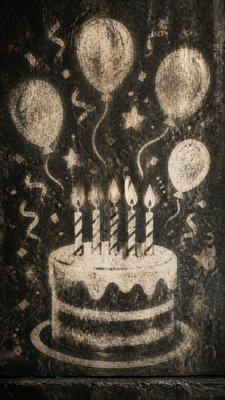 a birthday cake with lit candles surrounded by balloons and confetti, festive vertical composition, no text