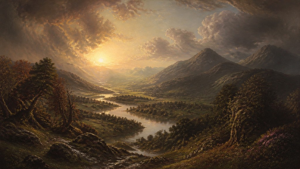 a vast valley with a river winding toward distant mountains at sunrise, no people, no text