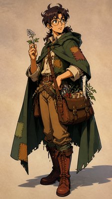 full-body original character: a wandering botanist with a satchel of plants, a patched green cloak, tall boots and round glasses, neutral background