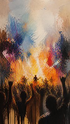 a live music scene with a glowing stage and silhouetted crowd, energetic vertical composition with open space at the top, no text