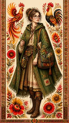 full-body original character: a wandering botanist with a satchel of plants, a patched green cloak, tall boots and round glasses, neutral background