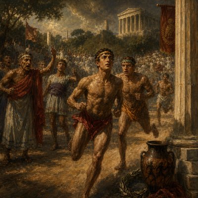 a painting of a man running in front of a crowd of people