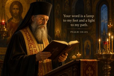 Orthodox priest reading from the Bible with the following verse displayed “Your word is a lamp to my feet and a light to my path” - Psalm 119:105