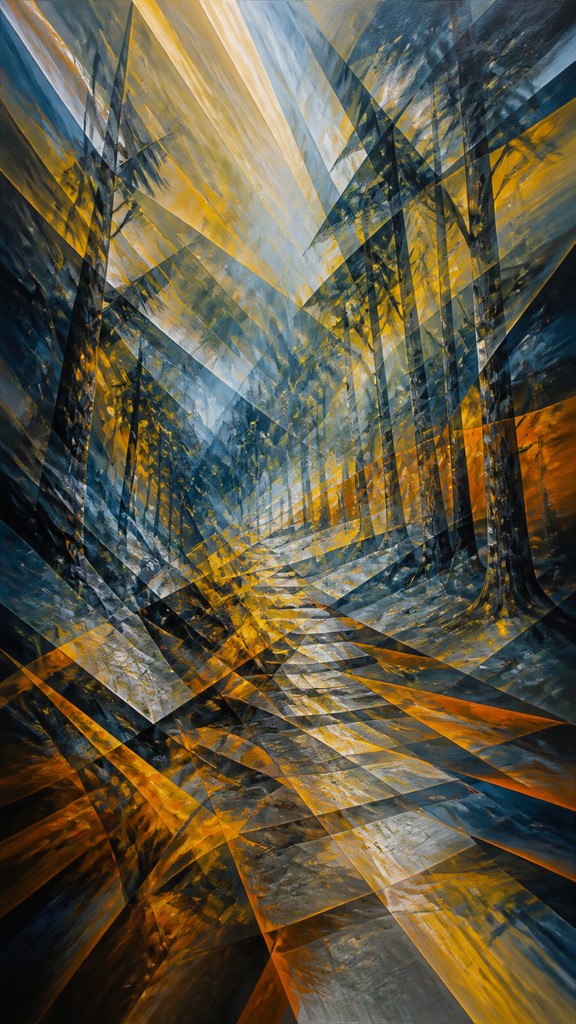 a mysterious forest path with fireflies and drifting mist, atmospheric vertical composition with open space at the top, no text