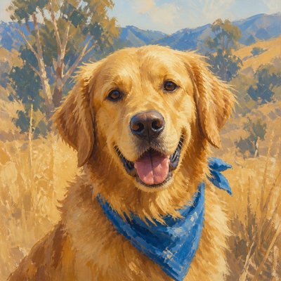 portrait of a golden retriever wearing a blue bandana, warm plain backdrop, no text
