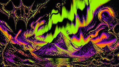 a flowing aurora over snowy peaks, wide sweeping composition, no people, no text