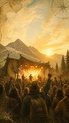 a live music scene with a glowing stage and silhouetted crowd, energetic vertical composition with open space at the top, no text
