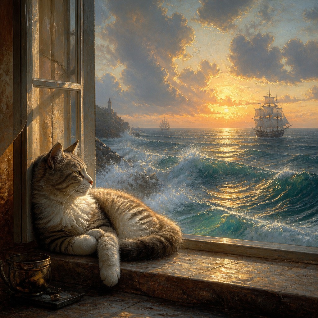 a cat lounging in a sunlit window — Seascape Painting Style