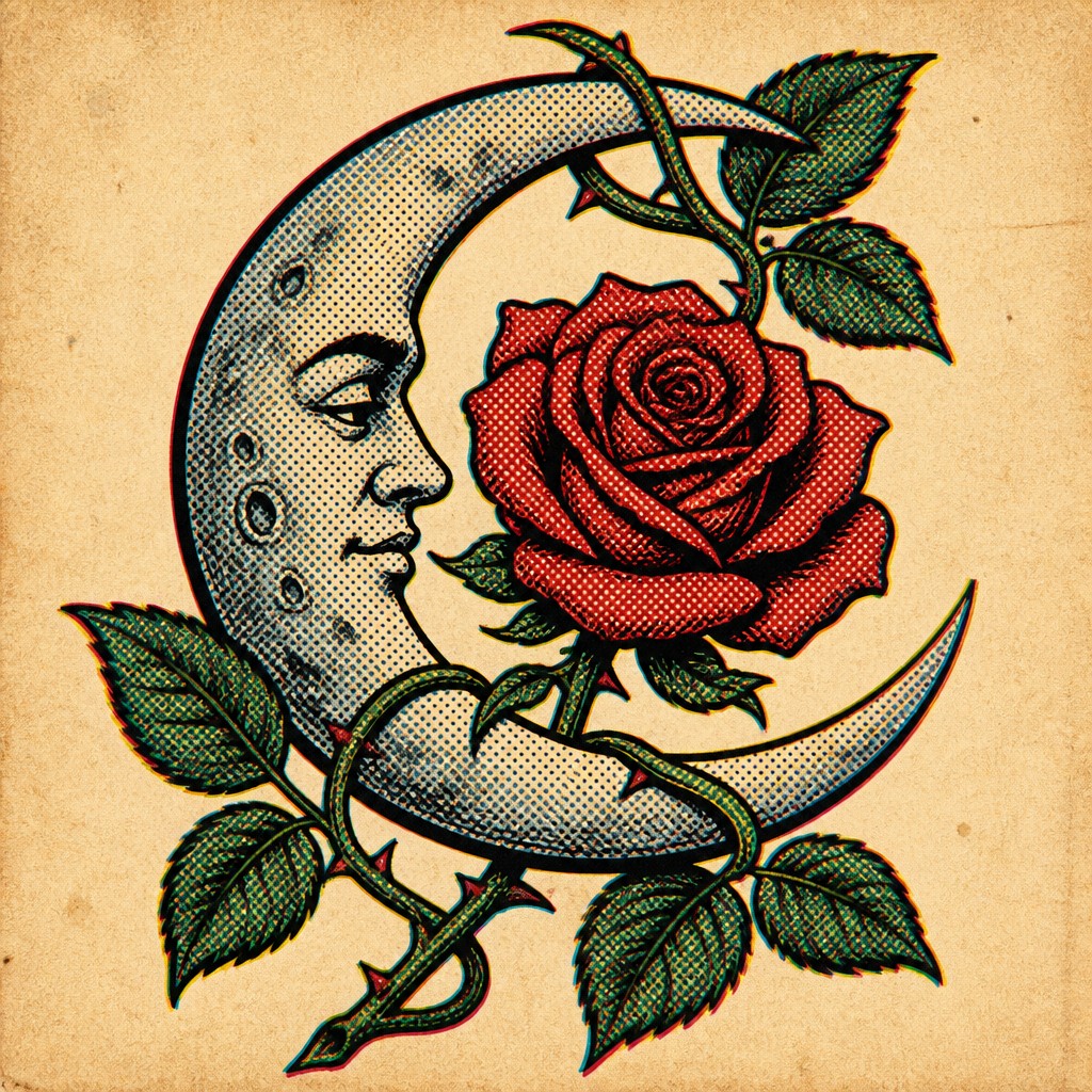 a rose entwined with a crescent moon, clean balanced composition on a plain background, no text