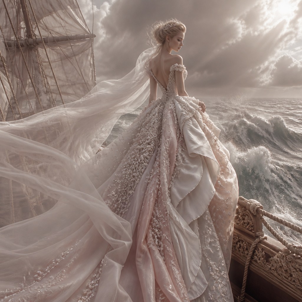 sailing ship on a stormy sea — Bridal Couture Fashion Design