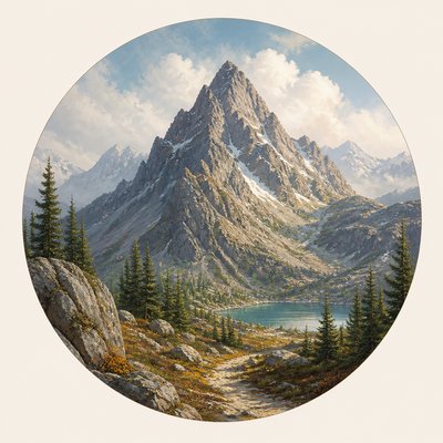 an emblem of a mountain peak inside a circle, simple bold shapes on a plain background, no text or lettering