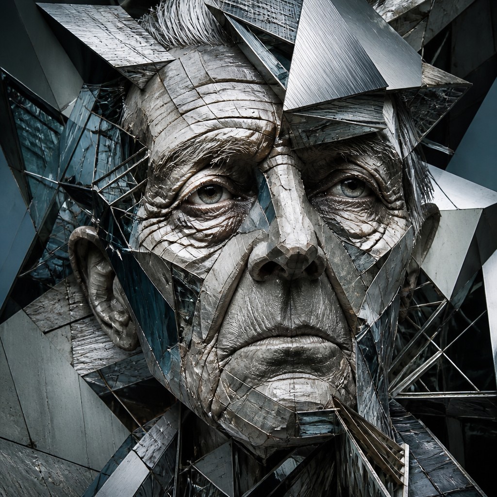 close-up portrait of an elderly person with expressive weathered features — Deconstructivist Architecture