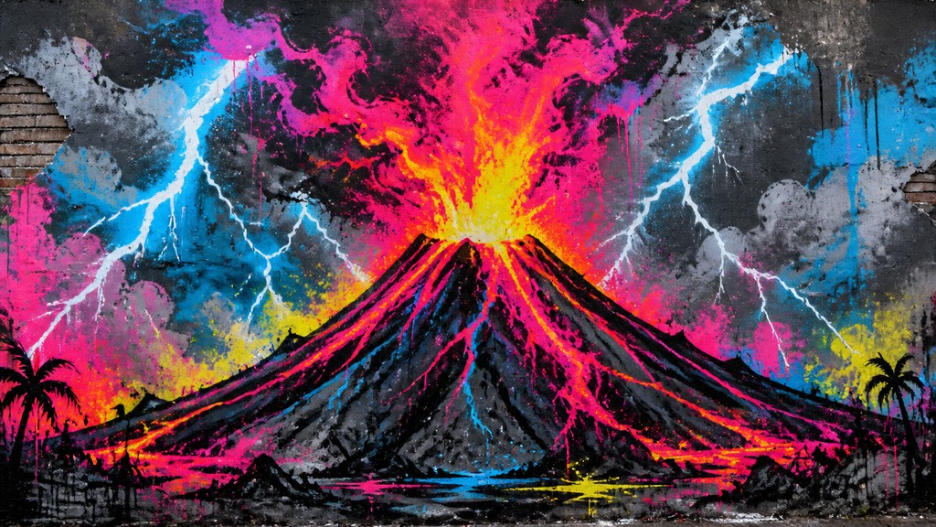 an erupting volcano with lightning strikes, dramatic wide composition, no text