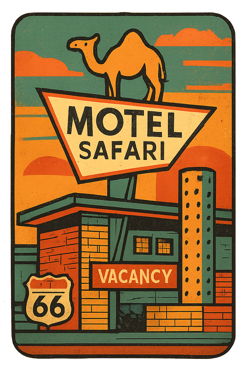 Create an image of the Motel Safari in Tucumcari, showcasing its distinctive Doo Wop or Googie architectural style. The design should feature counter-stacked brickwork with oozing mortar, cinder block walls with unique openings, and metal cylinders with perforated holes that glow softly at night. The sign should incorporate playful geometric shapes, with Clyde the Camel prominently perched on top, illuminated against a vibrant sunset sky. Include a retro Route 66 vibe with neon accents and a welcoming "VACANCY" sign.
