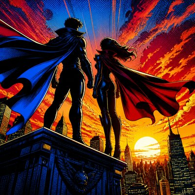 two silhouetted figures with flowing capes standing on a rooftop at dusk, faces not visible