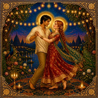 an original couple dancing under string lights in a garden at dusk: a man with short black hair in a linen shirt and a woman with braided red hair in a summer dress