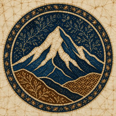 an emblem of a mountain peak inside a circle, simple bold shapes on a plain background, no text or lettering