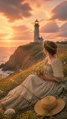 a lone lighthouse on a cliff at dusk under a dramatic sky, no text or lettering