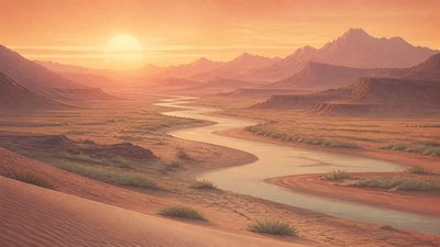 a vast valley with a river winding toward distant mountains at sunrise, no people, no text