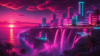 a cliffside city with waterfalls cascading into a misty canyon, wide establishing shot, no people, no text