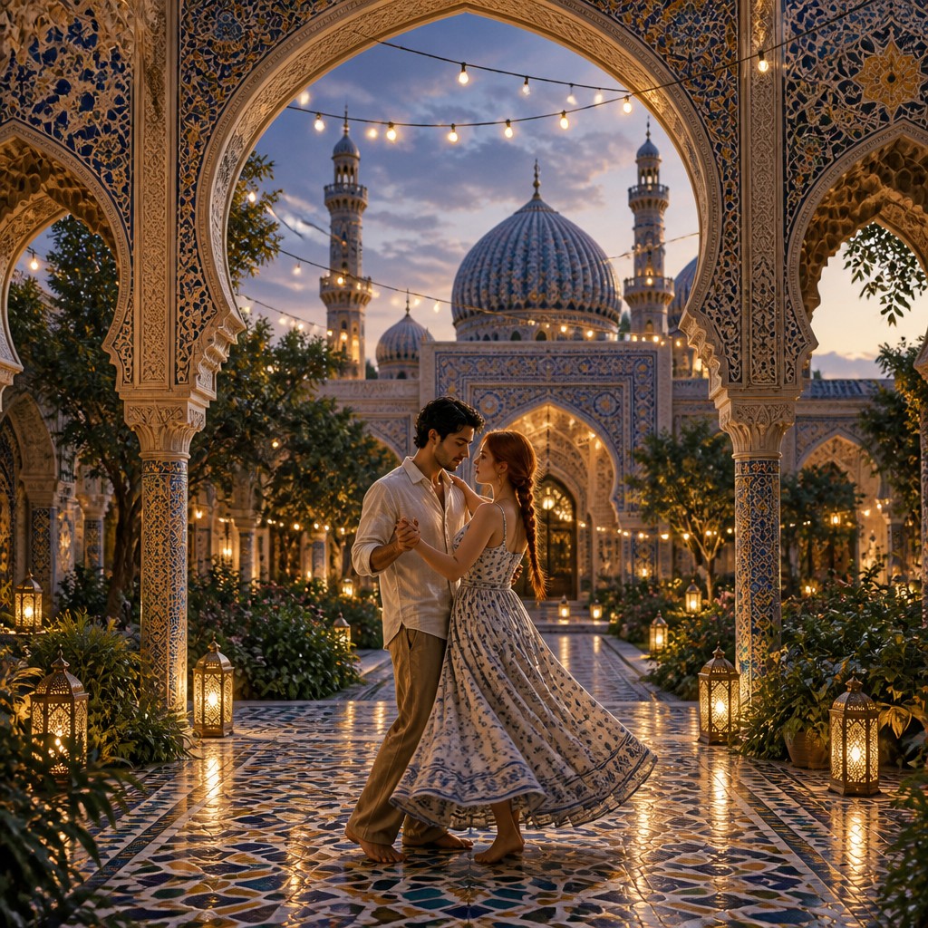an original couple dancing under string lights in a garden at dusk: a man with short black hair in a linen shirt and a woman with braided red hair in a summer dress