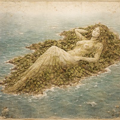 An island in a wide sea viewed from above, contains a goddess spirit, she is reclining, looking relaxed. Leafy island no flowers
