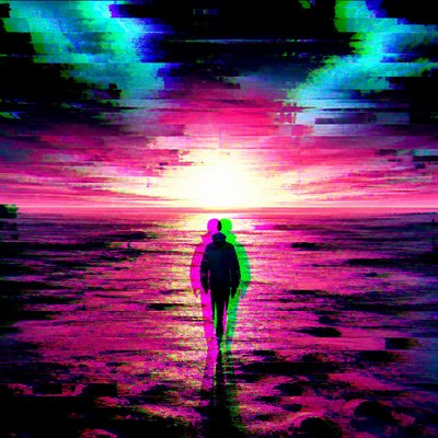 a solitary figure walking toward a glowing horizon across an empty plain, moody atmosphere, no text or lettering