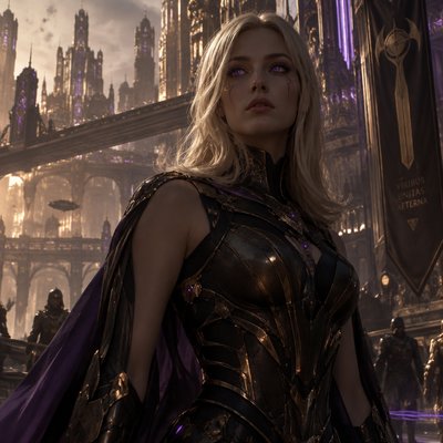 Je veux que tu me fasses une hyper realiste guerriere, tres modern avec une armure moderne genre full noir violet neon sombre or foncé or sombre et voile en soie mais juste un peu si besoin mais elle une armure sans manche, le voile c’est juste histoire de rajouter du tissu et des cheveux blonc lisse courbé a l’extremité vers l’interieur curve cut et elle a des yeux violet brillant, on dirait presque une deesse dans une ville futuriste ancien avec l’ethnie, un corp realiste et un visage realiste ne me fait pas un truc idéalise