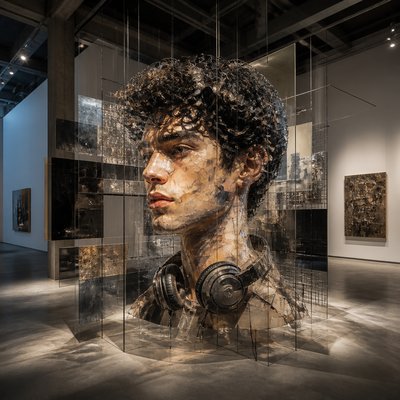 head-and-shoulders portrait of an original character: a young man with curly dark hair and headphones around his neck, plain backdrop, no text