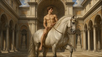 an ignudi male model seated on a horse pose for the artist Peter Paul Rubens