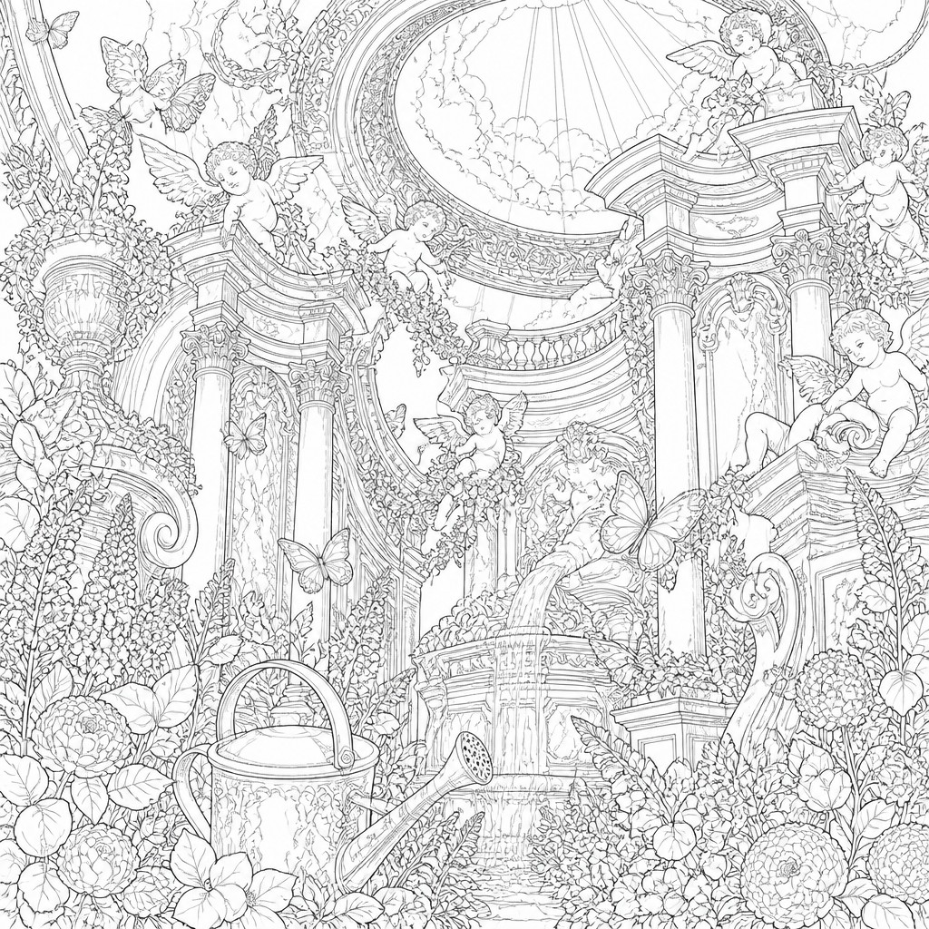a garden scene with butterflies, flowers and a watering can, clean uncolored line art, no text