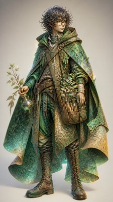 full-body original character: a wandering botanist with a satchel of plants, a patched green cloak, tall boots and round glasses, neutral background