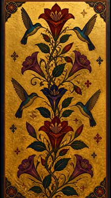 a climbing vine of flowers and hummingbirds on a dark background, tall wrapping composition, no text