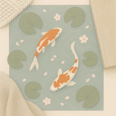 A koi pond seen from above, orange and white koi fish swimming among lily pads, clear water with subtle ripples, fallen cherry blossom petals floating on the surface, dappled sunlight