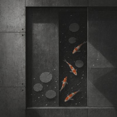 A koi pond seen from above, orange and white koi fish swimming among lily pads, clear water with subtle ripples, fallen cherry blossom petals floating on the surface, dappled sunlight