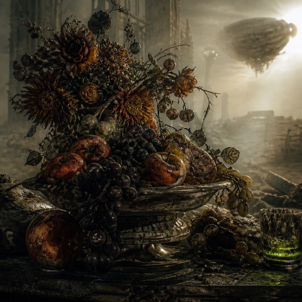 still life arrangement of fruits and flowers