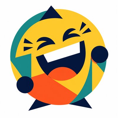 an exaggerated laughing face of an original round mascot character, bold and readable at small size, plain background, no text