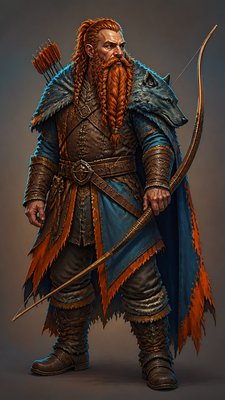 full-body original character: a dwarven ranger with a braided auburn beard, worn leather armor, a longbow and a wolf-pelt cloak, neutral background, no text