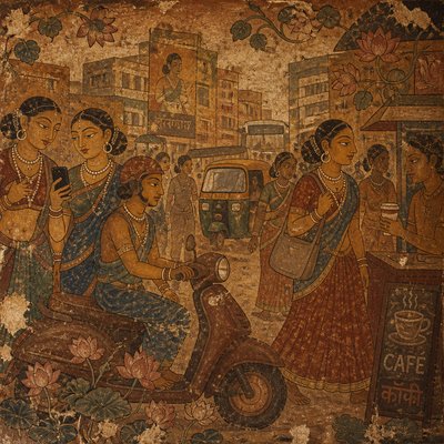 urban street with city activity — Ancient Indian Mural Art Style